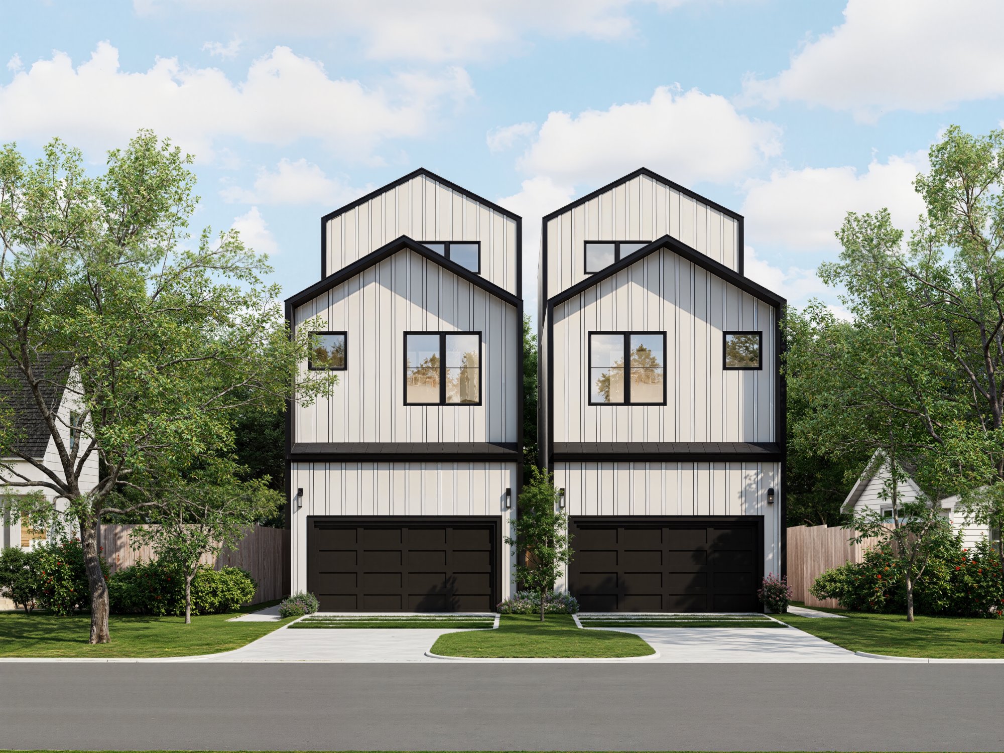 Castor Villas rendering — modern farmhouse townhomes